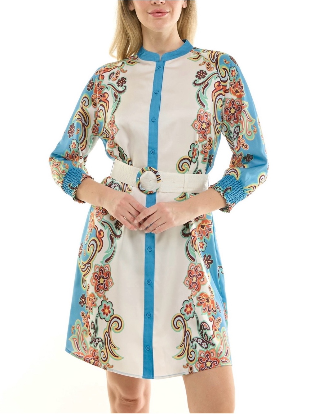 Nanette Lepore Women's Long Sleeve Tie Waist Mirror Print Mini Dress